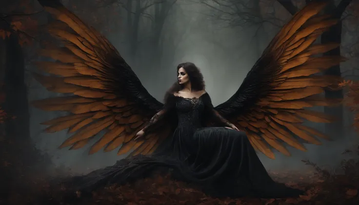 Vintage style dark gothic art mural painting, about a Black Halloween Angel with wings, en un bosque con bruma.