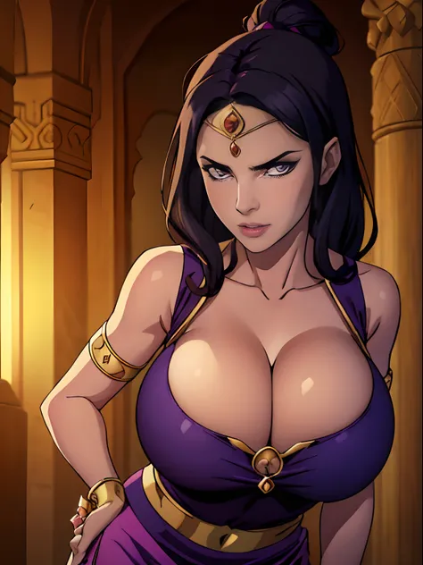 (masterpiece, top quality, best quality, official art, beautiful and aesthetic:1.2), (1girl:1.3), purple genie woman coming out of her magic lamp, long wavy black hair, topknot, ((purple skin)), extremely detailed, portrait, looking at viewer, solo, (full ...