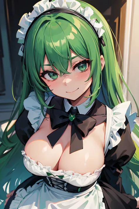 A woman, green hair, skirt, maid, maid headdress, black socks, towering over you, pov, looking down at you, smirk