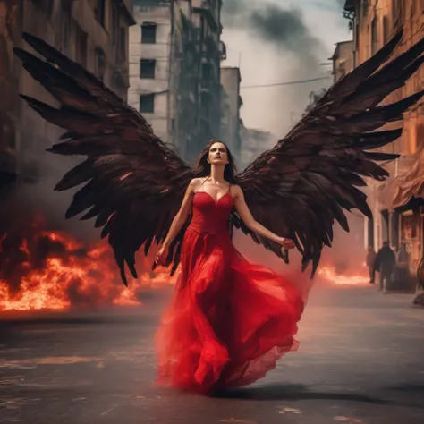 bonita, hermosa, and cruel sexy evil fallen angel woman with huge wings, con un vestido semitransparente rojo en movimiento, Falling on the streets of the apocalyptic city in the fiery hell, moviendose con gracia