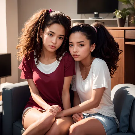 two young women sitting on a couch in a living room, two girls, two beautiful, sisters, Tall Mixed guy handsome, sitting in middle, detail portrait shot 8k, high quality portrait, shot on sony a 7 iii, 8k portrait render, 8k photo