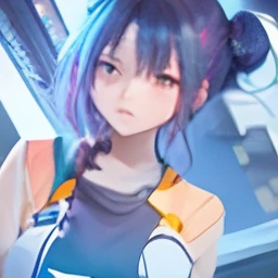 My name is seon, color hair dark purple,color eyes purple, hair tied to the side, her hair tie is yellow, color pants blue, rather light orange clothes, wear long sleeves