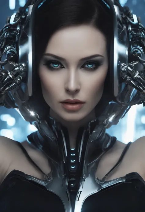 beautiful cyberpunk girl wearing a futuristic head mounted display,  (finely detailed skin), pale skin, (in a deep neckline highly detailed sexy futuristic cyberpunk no clothes, cybernetics, japanese words with a flare effect, beautiful epic composition, f...