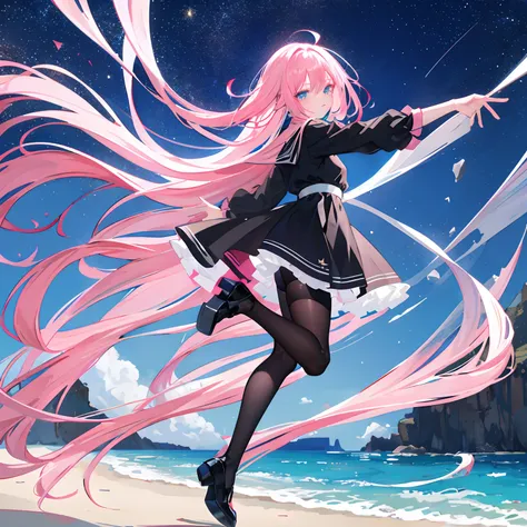 Pink hair，long whitr hair，Neat bangs，Qi bangs，skyblue eyes，，adolable，teens girl，Black beautiful dress，Black silk pantyhose，Leather shoes on their feet，Full body photo from the side，All body，Fingers and arms are not exposed，Background sandy beach，Starry sky...