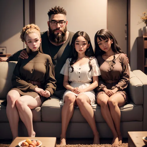 two young biracial sisters sitting next to biracial tall man beard, couch in a living room, happy, detail portrait shot 8k, high quality portrait, shot on sony a 7 iii, 8k portrait render, 8k photo