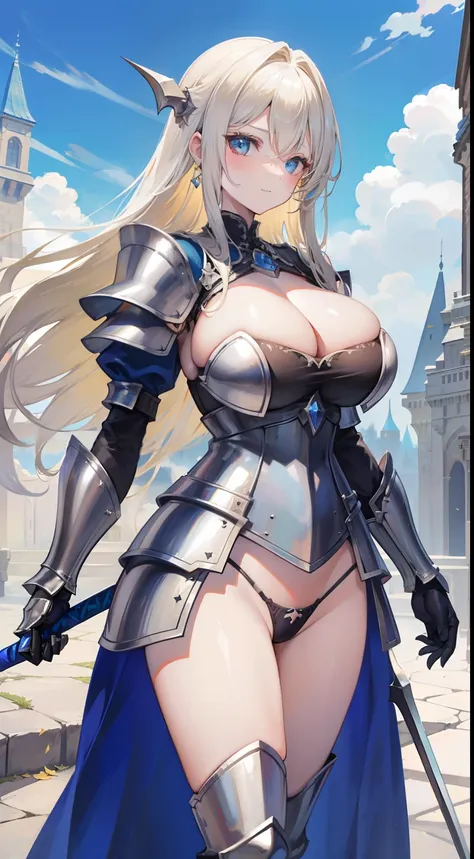 a beauty girl，cabellos largos dorados，blonde with blue eyes，(ssmile)，European medieval castles，palaces，Wear gorgeous armor，(Silver armor)，Armor，(holding a long spear)，huge spear，Shoulder pads，Armour，chest plate，Leg nails，(Royal Knights)，(huge tit)，(black l...