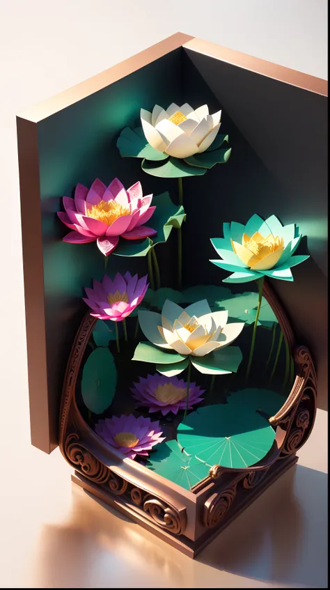 3D quilled paper illustration, very aesthetic masterpiece, lotus flower, black background, best quality, exquisite detail