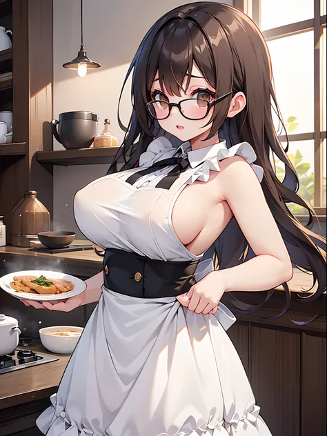 1 female、brown haired、Brown eyes、Black-rimmed glasses、seductive boobs、gorgeous faces、Perfect body。Best Quality、ultra-detailliert、8K resolution、Raw photo、masutepiece。Naked apron