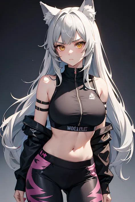 1woman, wolf girl, wolf ears, cyberpunk, camo pants, sports bra, grumpy, tsundere, portrait, arms behind back, hands behind back