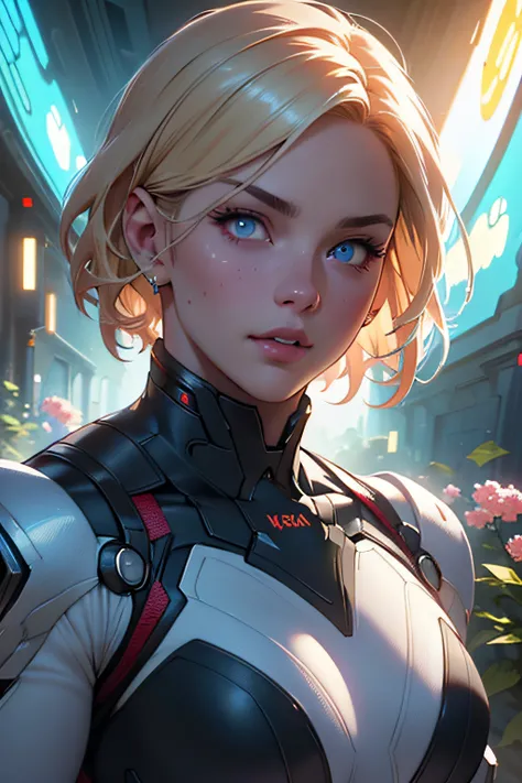 Highly detailed RAW color photo, beautiful young woman, short blonde hair, dynamic pose, (wide hips), (detailed skin), (detailed lips), (detailed eyes), (cosmic: 1.4), (necropolis: 1.1), (science fiction setting) (detailed face), (curvy), red clothing, det...