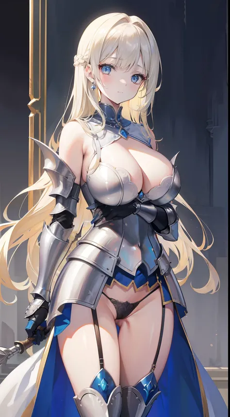 a beauty girl，cabellos largos dorados，blonde with blue eyes，(ssmile)，European medieval castles，palaces，Wear gorgeous armor，(Silver armor)，Armor，(holding a long spear)，huge spear，Shoulder pads，Armour，chest plate，Leg nails，(Royal Knights)，(huge tit)，(black l...