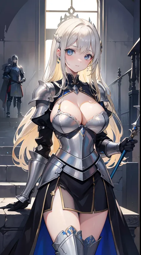 a beauty girl，cabellos largos dorados，blonde with blue eyes，(ssmile)，European medieval castles，palaces，Wear gorgeous armor，(Silver armor)，Armor，(holding a long spear)，huge spear，Shoulder pads，Armour，chest plate，Leg nails，(Royal Knights)，(huge tit)，(black l...