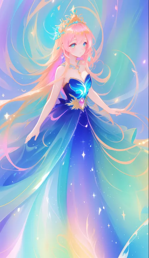 beautiful girl, puffy tiered ballgown, vibrant pastel colors, (colorful), glowing golden long hair, magical lights, sparkling magical liquid, inspired by Glen Keane, inspired by Lois van Baarle, disney art style, by Lois van Baarle, glowing aura around her...