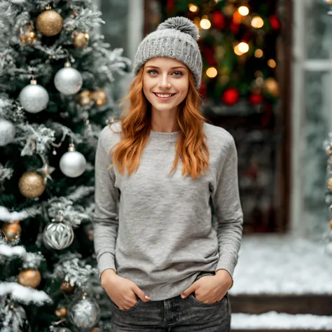 Full body portrait of white Scandinavian woman, 1 girl, wearing gray round neck clean loose t-shirt and black jeans, no font, ginger hair, Christmas hat, slim figure, smiling, happy, eyes looking straight at the camera, Christmas tree background, Christmas...