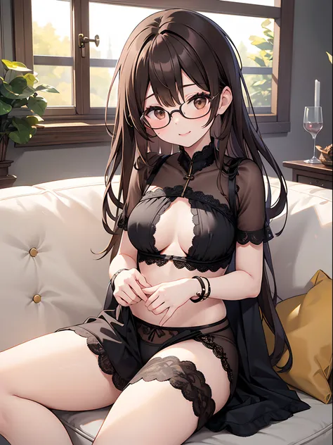 1 female、brown haired、Brown eyes、Black-rimmed glasses、seductive boobs、gorgeous faces、Perfect body。Best Quality、ultra-detailliert、8K resolution、Raw photo、masutepiece。an lingerie。sit on sofa。a smile