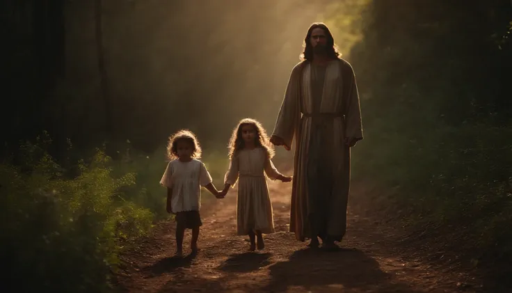 Jesus Protecting Two Children, uma menina e um menino, com um manto de luz divino, em um caminho no meio de uma floresta