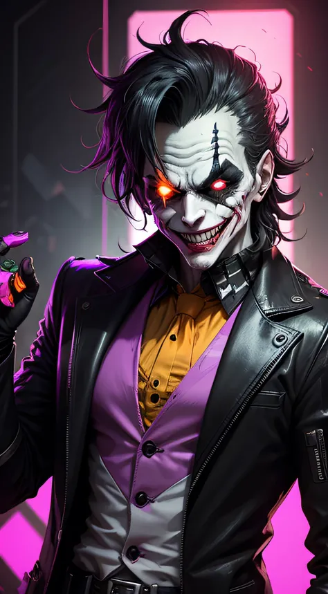 Create a joker-style but more grotesque character in cyberpunk retrowave style with black and orange colors carton style smiling sarcastically