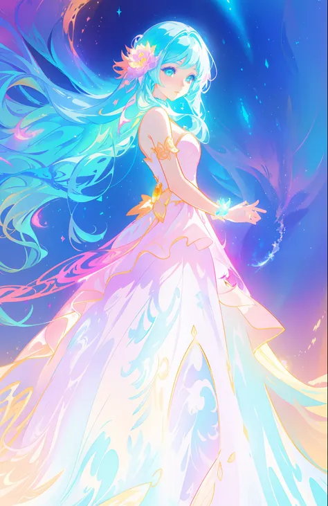 beautiful girl, puffy tiered ballgown, vibrant pastel colors, (colorful), glowing golden long hair, magical lights, sparkling magical liquid, inspired by Glen Keane, inspired by Lois van Baarle, disney art style, by Lois van Baarle, glowing aura around her...