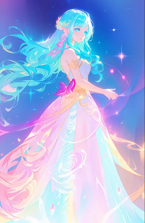 beautiful girl, puffy tiered ballgown, vibrant pastel colors, (colorful), glowing golden long hair, magical lights, sparkling magical liquid, inspired by Glen Keane, inspired by Lois van Baarle, disney art style, by Lois van Baarle, glowing aura around her...