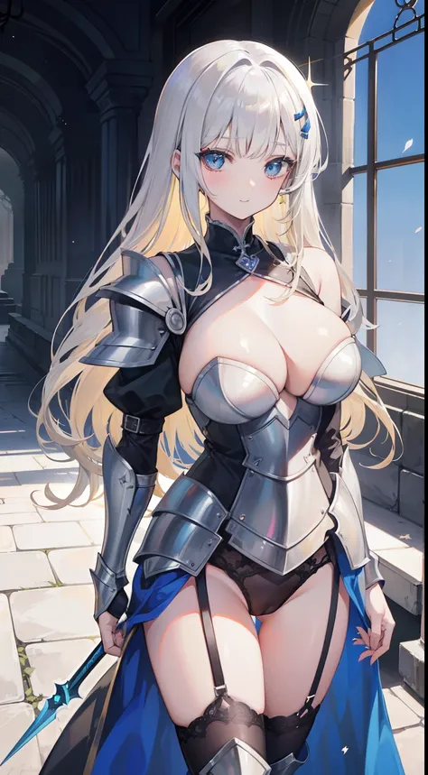 a beauty girl，cabellos largos dorados，blonde with blue eyes，(ssmile)，European medieval castles，palaces，Wear gorgeous armor，(Silver armor)，Armor，(holding a long spear)，huge spear，Shoulder pads，Armour，chest plate，Leg nails，(Royal Knights)，(huge tit)，(black l...