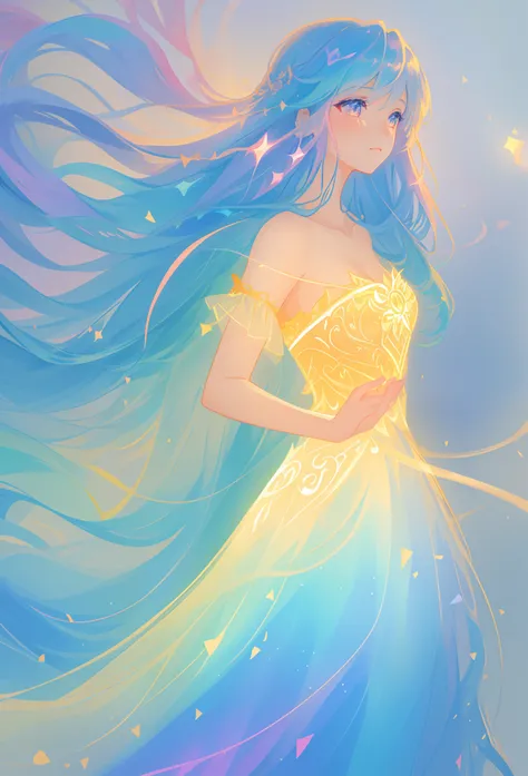 beautiful girl, flowing tiered ballgown, vibrant pastel colors, (colorful), glowing golden long hair, magical lights, sparkling magical liquid, inspired by Glen Keane, inspired by Lois van Baarle, disney art style, by Lois van Baarle, glowing aura around h...