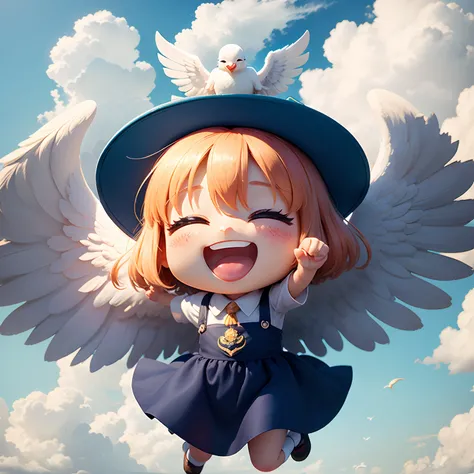 ​masterpiece、top-quality、ultra-detailliert、(Chibi Chara Angel:1.3)、Grab a white dove、独奏、Leprechaun、tickle,laughingly,nffsw,nffsw,Big smile,Happy happy smile,Laugh aloud,Lively laughter、blue open sky、white clouds、Jumping