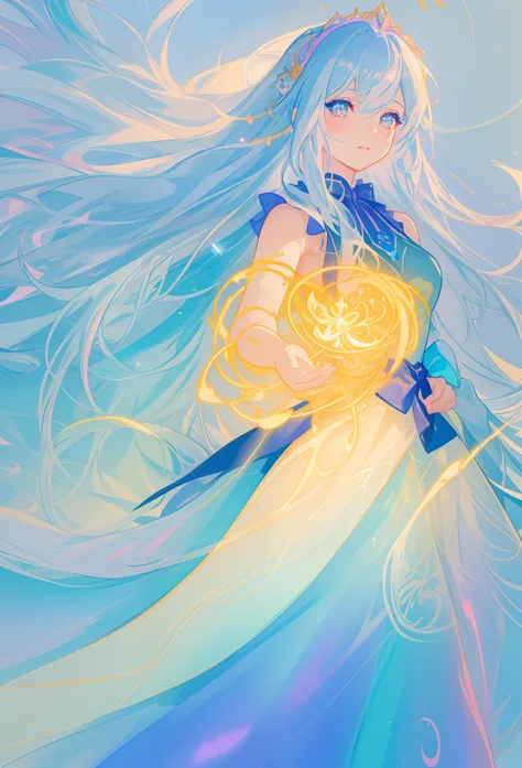 beautiful girl, flowing tiered ballgown, vibrant pastel colors, (colorful), glowing golden long hair, magical lights, sparkling magical liquid, inspired by Glen Keane, inspired by Lois van Baarle, disney art style, by Lois van Baarle, glowing aura around h...