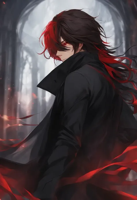 man with a primary black long hair with some red locks of hair wearig a black mask red scarf and black jacket, anime