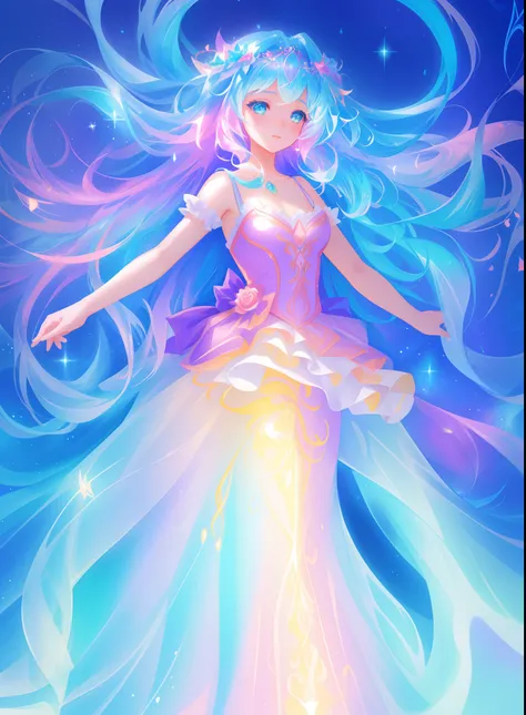 beautiful girl, puffy tiered ballgown, vibrant pastel colors, (colorful), glowing golden long hair, magical lights, sparkling magical liquid, inspired by Glen Keane, inspired by Lois van Baarle, disney art style, by Lois van Baarle, glowing aura around her...