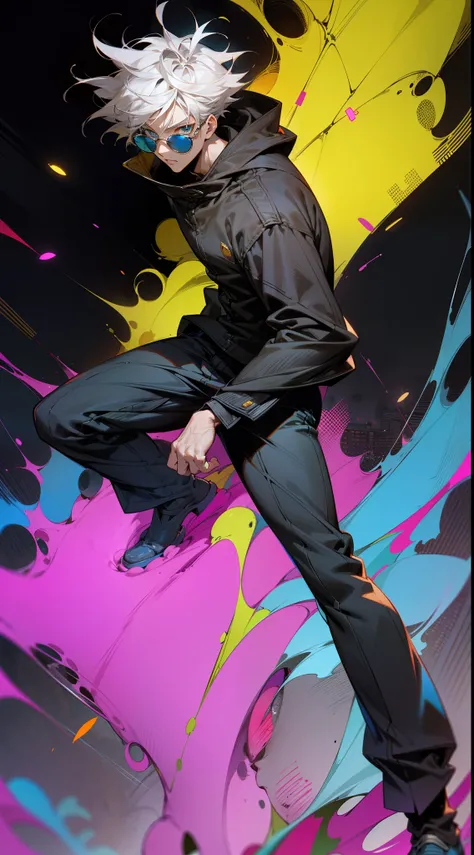 masterpiece, best quality, 1boy, (Gojo), jujutsu kaisen, short hair, white hair, standing, black clothes, sunglasses, aura power, night, natural light, flying above the city, electric background, blue eyes, detailed face, detailed eyes, tall guy, long legs...