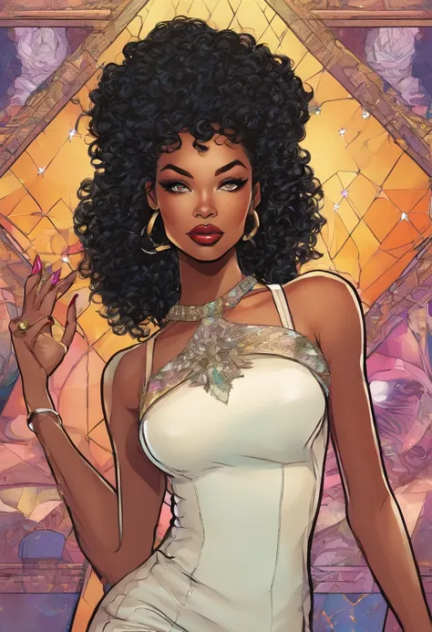 American comics, lightskin African American woman, with curly black hair,and an iridescent white streak in the front, With an iridescent white rhombus shaped Diamond on forehead. Wearing long black high heeled boots, with a white bustier and a short white ...