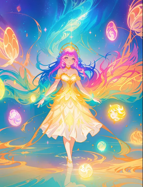 beautiful girl, puffy tiered ballgown, vibrant pastel colors, otherworldly landscape, (colorful), glowing golden long hair, magical lights, sparkling magical liquid, inspired by Glen Keane, inspired by Lois van Baarle, disney art style, by Lois van Baarle,...