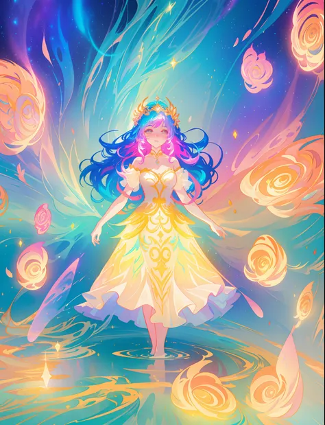 beautiful girl, puffy tiered ballgown, vibrant pastel colors, otherworldly landscape, (colorful), glowing golden long hair, magical lights, sparkling magical liquid, inspired by Glen Keane, inspired by Lois van Baarle, disney art style, by Lois van Baarle,...