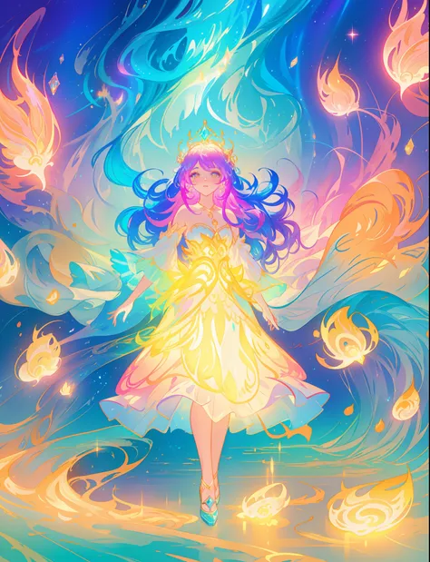 beautiful girl, puffy tiered ballgown, vibrant pastel colors, otherworldly landscape, (colorful), glowing golden long hair, magical lights, sparkling magical liquid, inspired by Glen Keane, inspired by Lois van Baarle, disney art style, by Lois van Baarle,...