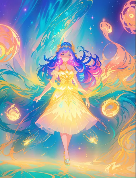 beautiful girl, puffy tiered ballgown, vibrant pastel colors, otherworldly landscape, (colorful), glowing golden long hair, magical lights, sparkling magical liquid, inspired by Glen Keane, inspired by Lois van Baarle, disney art style, by Lois van Baarle,...