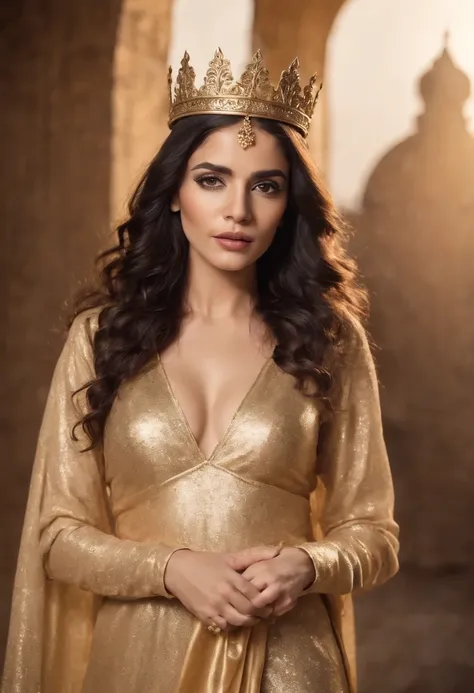 Arabian woman, black long curly hair, golden crown, golden gown, gold powers, hold a golden sword