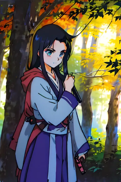 Nezuko, from 13 years old, sosteniendo una katana in a dark forest