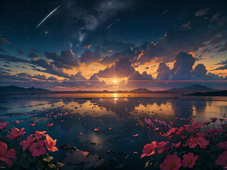 Vast sunrise landscape photos, (from below, sky above, open fields below), flower fields (best quality), 4k, ultra-detailed, (meteors: 0.9), (nebulae: 1.3), distant mountains (high quality), trees break making art, (warm light source: 1.2), (fireflies: 1.2...