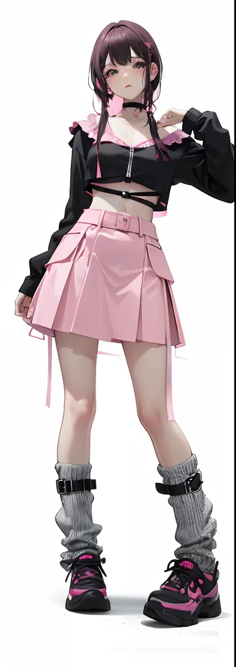 Arapei girl posing for a photo in pink dress and black blouse, pink mini-skirt, Pink skirt, with two front pockets, mini-skirts, pink tight mini-skirt, Mini skirt, pink pastels, muted cyberpunk style, pastel pink, (in pink), cyberpunk style outfit, ((Pink)...