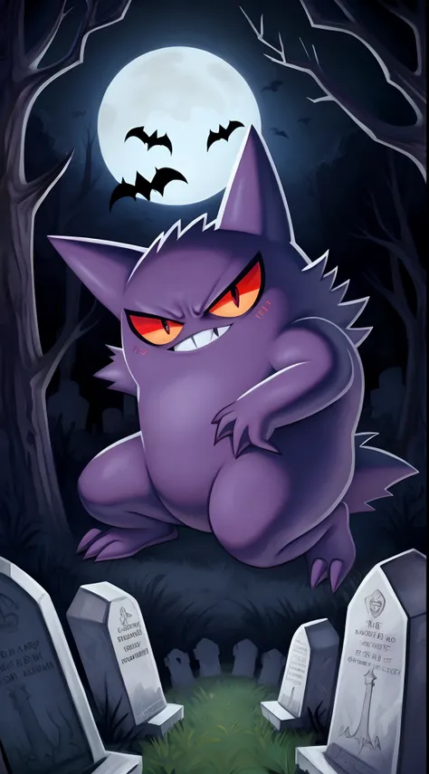 Gengar (pokemon), cementery, nsfw, sorc art style,detailed,masterpiece,best quality,1 character,spooky pose,