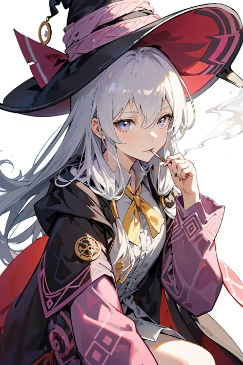 (masterpiece:1.2), best quality,PIXIV, smoking girl,Elaina,white hair,witch hat, 
white simple background,