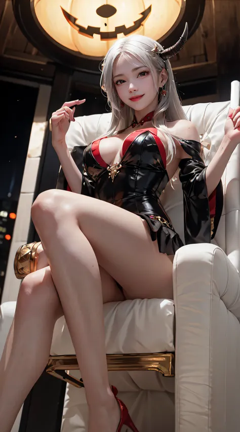 masterpiece, top-quality, top-quality, Beautifully Aesthetic:1.2, 1girl, Halloween night, Wearing a devil costume, high detailed, ((Red eyes:1.8)), Sitting on the Luxury chair with legs full open, large breasts, firm breast, nicely shaped breasts, slender ...