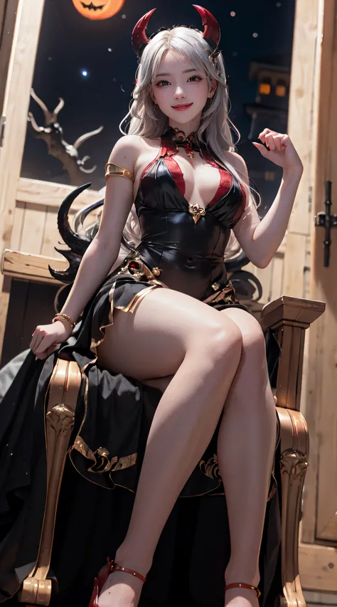 masterpiece, top-quality, top-quality, Beautifully Aesthetic:1.2, 1girl, Halloween night, Wearing a devil costume, high detailed, ((Red eyes:1.8)), Sitting on the Luxury chair with legs full open, large breasts, firm breast, nicely shaped breasts, slender ...