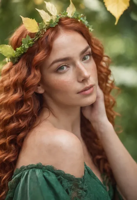 Woman with tan skin, light freckles, green eyes , red curly hair, wearing a green gown and golden leaf crown