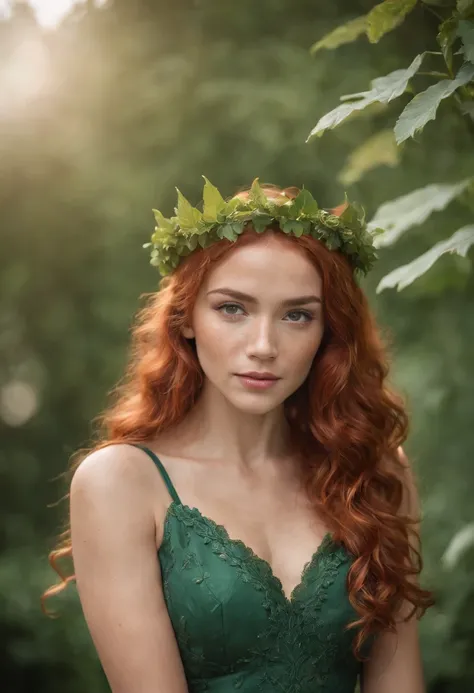 Woman with tan skin, light freckles, green eyes , red curly hair, wearing a green gown and golden leaf crown