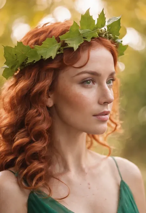 Woman with tan skin, light freckles, green eyes , red curly hair, wearing a green gown and golden leaf crown