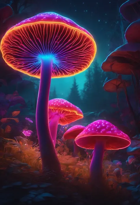 ultra-vibrant neon mushroom, vivid colors, highres, 4k wallpaper, ultra-detailed official artwork, made of neon light, neon outlines, stylized design, HD wallpaper, album art, chillpop:1.2