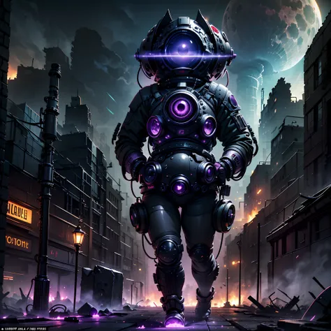 One_eyed，Pixel art(Best quality,4K,8K,A high resolution,Masterpiece:1.2),(Deep black purple,:1.4)Color scheme,Thrilling moments,A huge urban agglomeration with a Soviet aesthetic，,Nuclear explosions and nuclear bomb explosions,(Armageddon)，Dilapidated city...