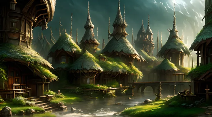 (realistic-feel), fantasy city in the middle of the woods, tree town, highly detailed fantasy art, made of tree and fantasy valley, highly detailed concept art, fantasy town setting, elven city, elven architecture, medeival fantasy town, concept art highly...