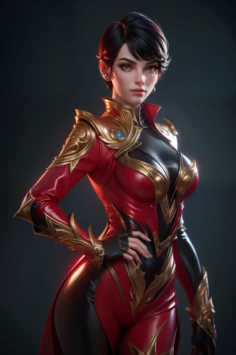 solo, super fine photo, portrait digital art Unreal Engine 5 8K UHD of a girl, concept art, character concept design, wearing red tight shiny suit with metallic details, long black glove, short hair, best quality, masterpiece, super detailed, sharp focus, ...